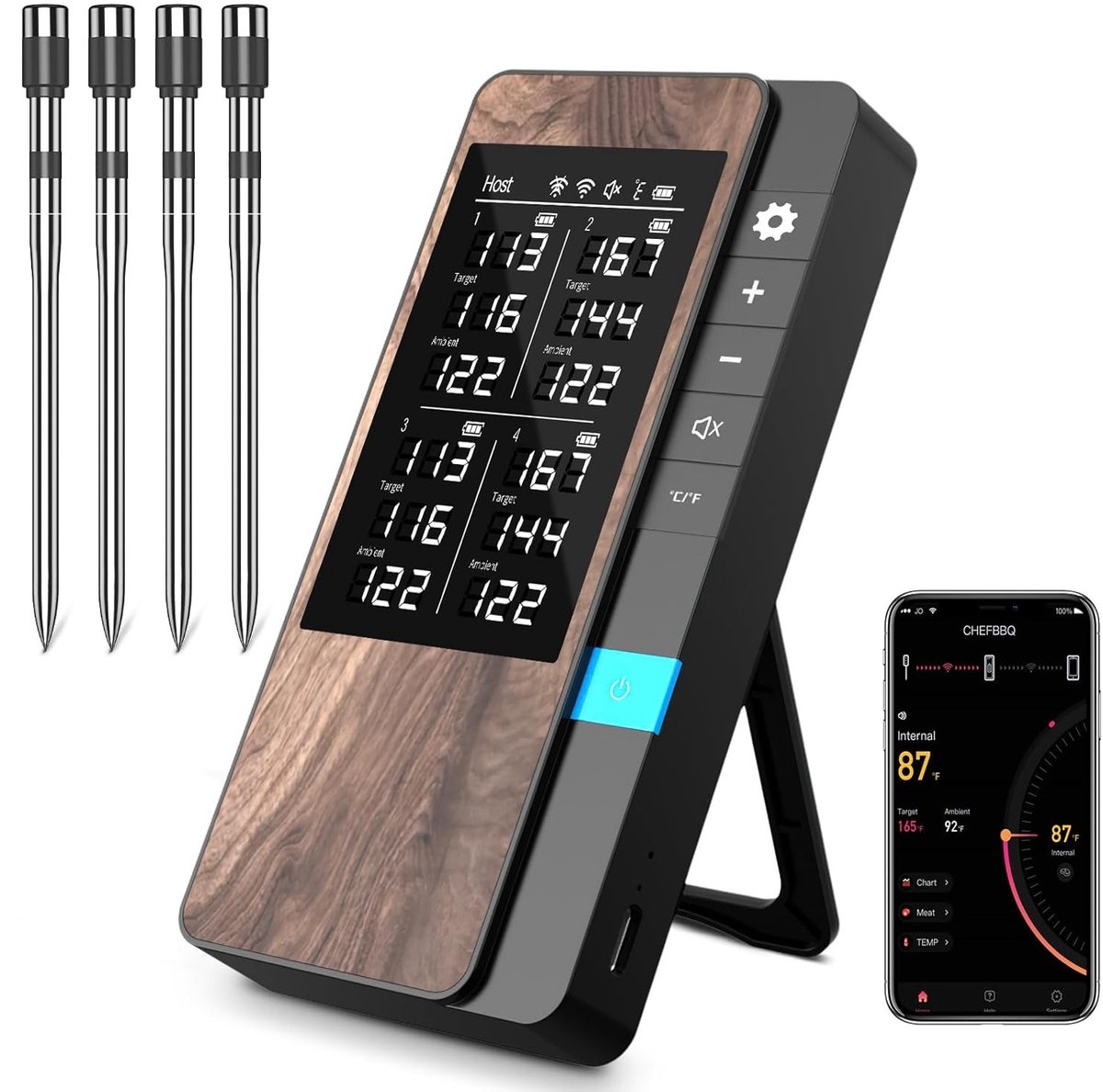 Draadloze vleesthermometer - set van 4 - RVS en kunststof - Voor nauwkeurig vlees garen