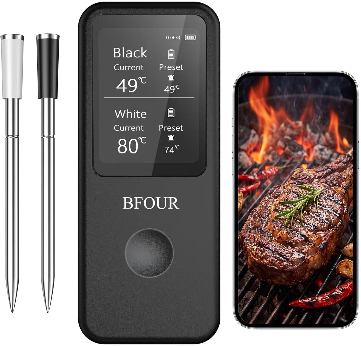 Draadloze vleesthermometer - Zwart - 2 sondes - Digitale bluetooth braadthermometer - Voor barbecue en oven