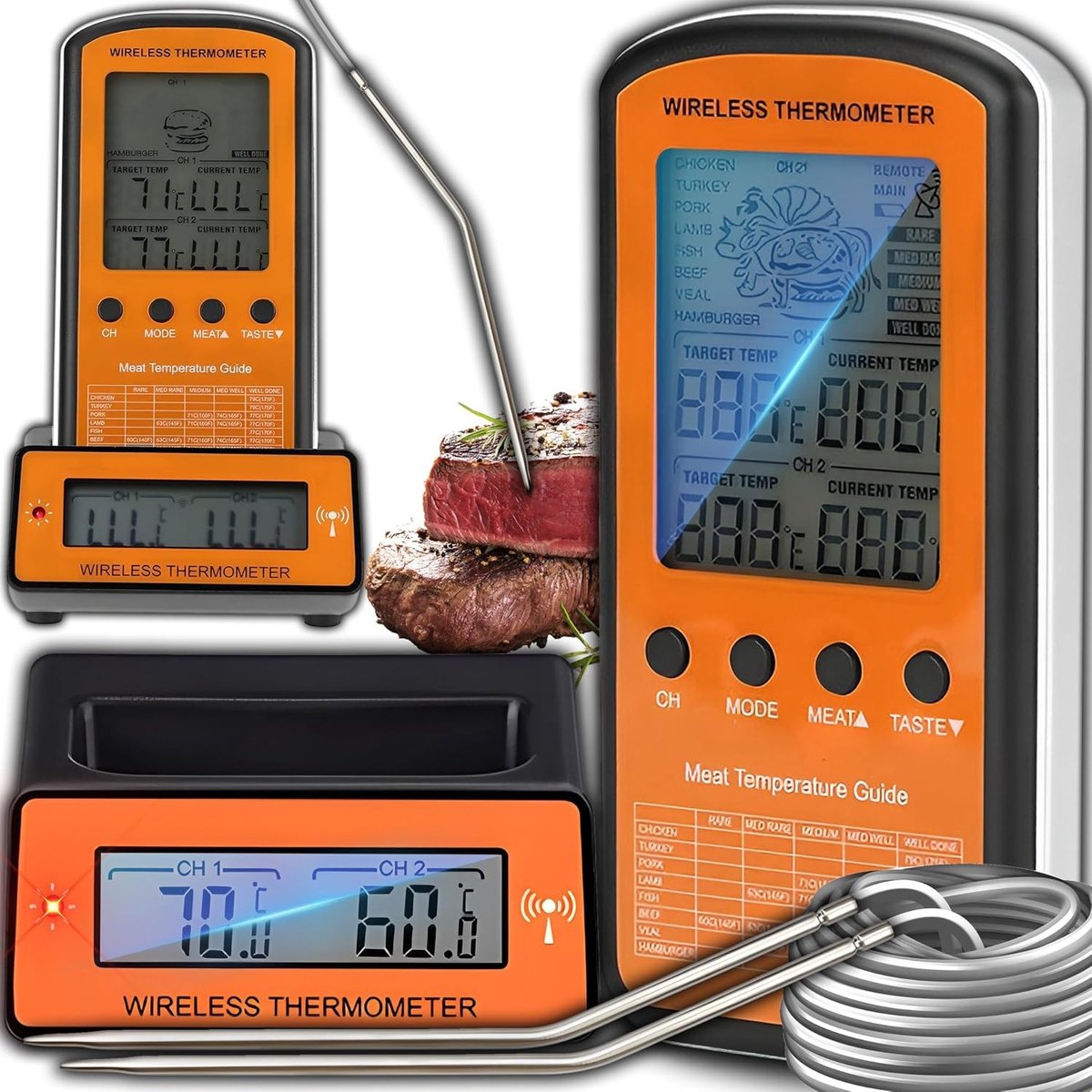 Draadloze vleesthermometer - Zwart - 2 externe sondes - Digitale braadthermometer met LCD-scherm - Voor grillen en bakken