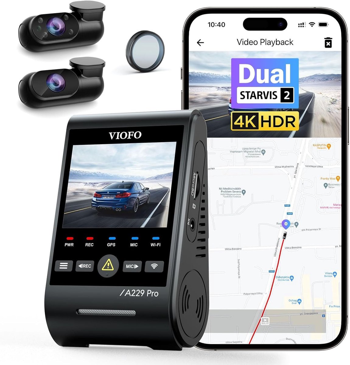 Dashcam voor auto - Zwart - 3 camera's 4K + 2K + 1080p - Dual Starvis 2 Sensoren met HDR en Nachtzicht - Met GPS en Spraakbesturing