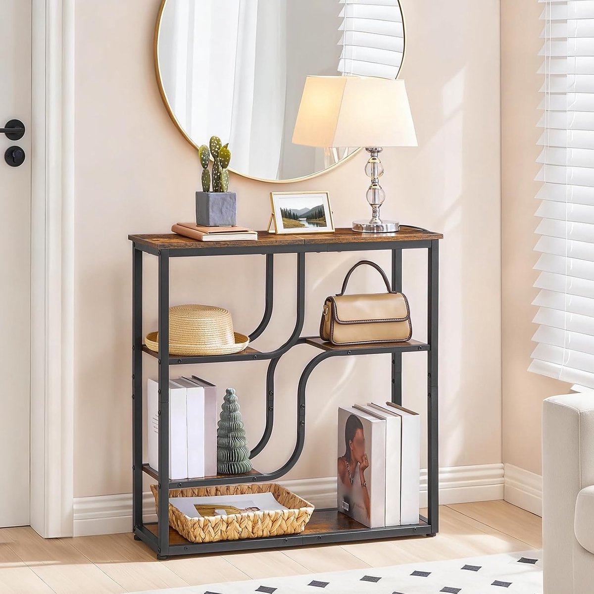 Compacte consoletafel - Vintage bruin en zwart - 5 niveaus - Metalen frame en spaanplaat - Voor entree en woonkamer