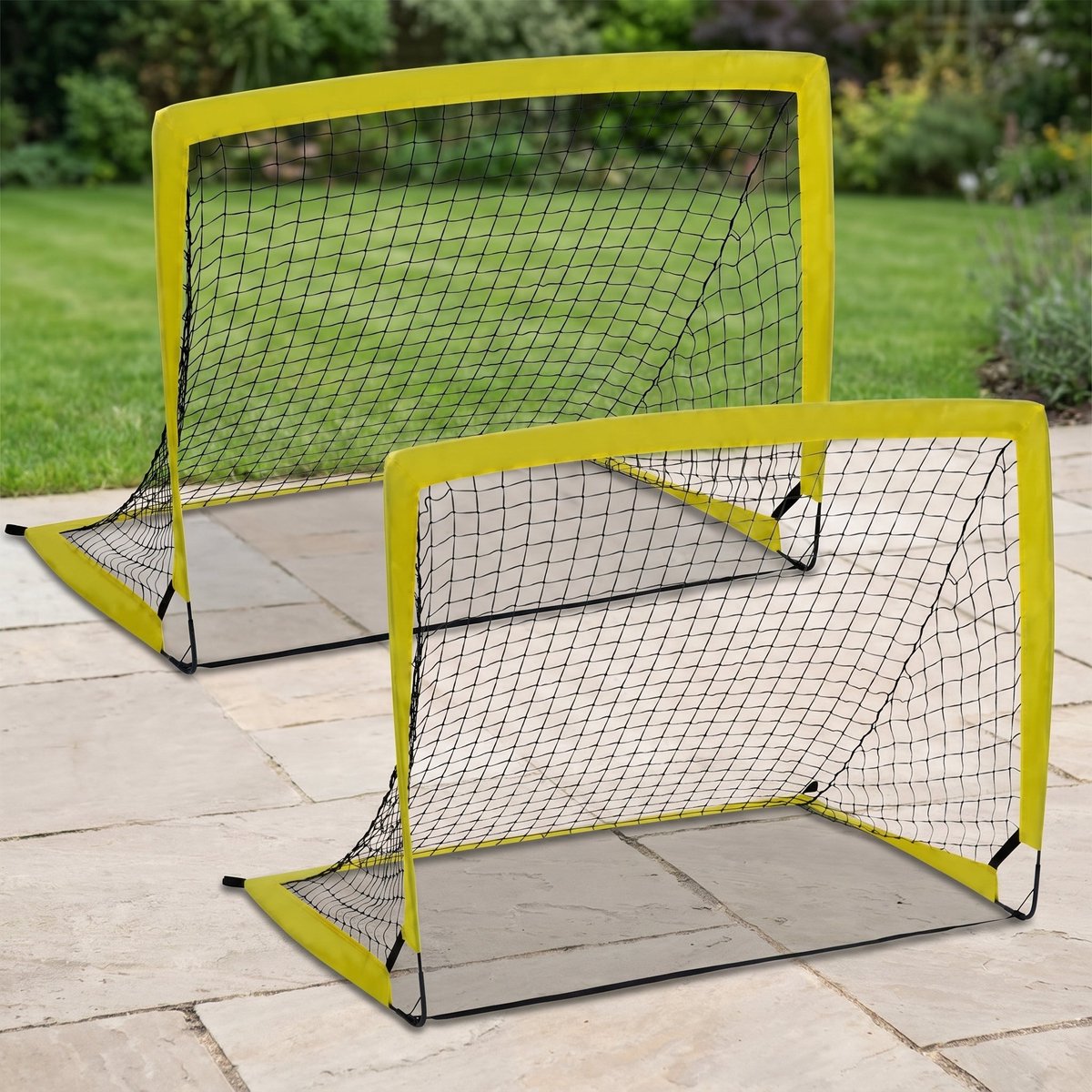Cheqo® Voetbaldoel Set van 2 - Pop-up Voetbaldoel - Voetbalgoal - Voetbaldoeltjes - Opvouwbaar Voetbaldoel - Mini Voetbaldoel - voor Kinderen - voor Tuin - Voetbaldoelnet - Voetbal Trainingsdoel - met Draagtas - Geel - Soccer Goal