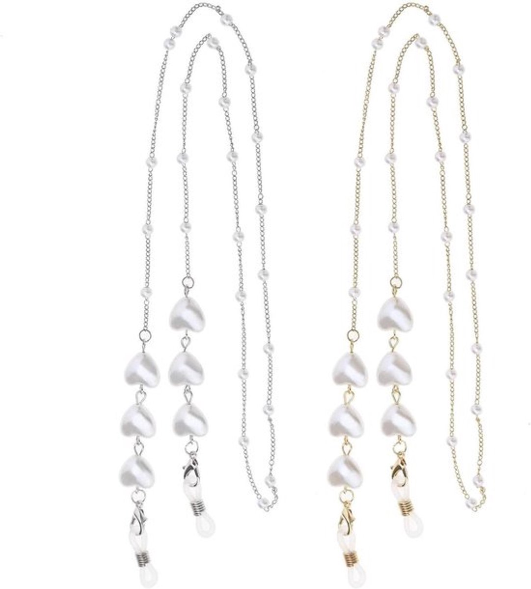 - Kralen brillenketting - Parelbrilkoord - Zonnebrilretainer - Brillenkoord - Brilaccessoires - Geschikt voor vrouwen en meisjes - 2 stuks - Hartvormig - 70 cm - Metaal