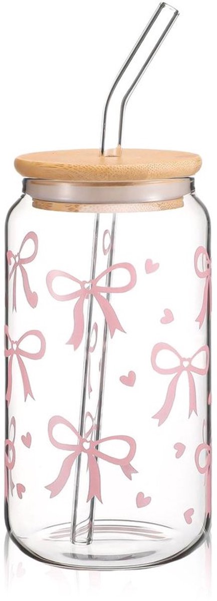 Drinkbeker 400 ml - Glazen Beker - Deksel/Rietje - Elegante Bow Cup - Voor Koffie/Bubbelthee/Cocktail - Stijlvol Design - Tumbler