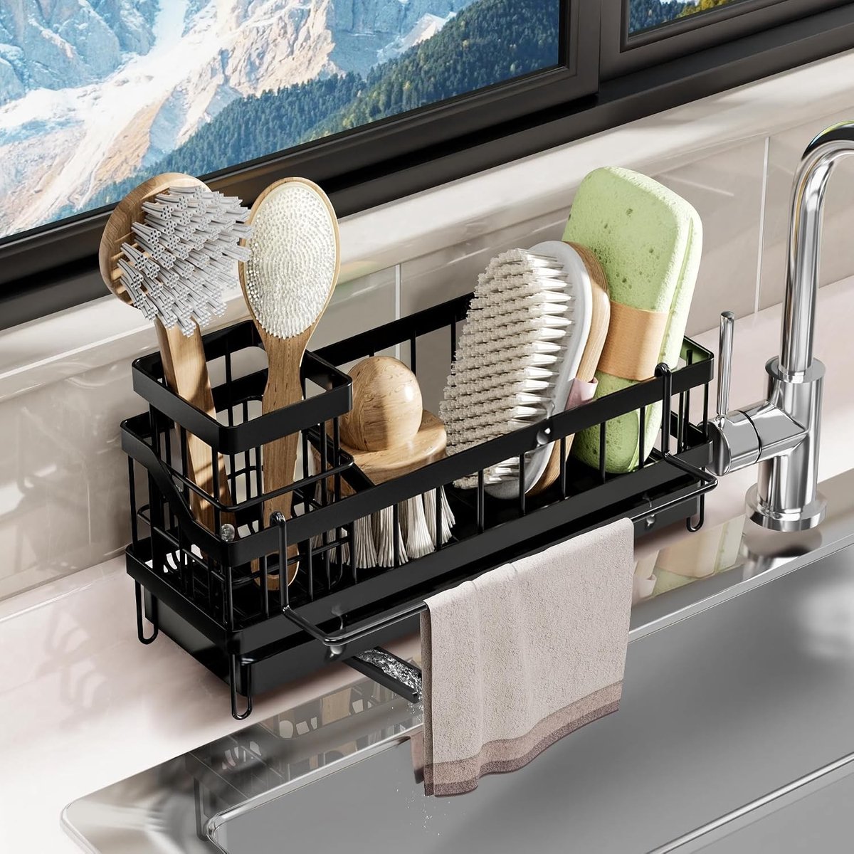 Gootsteenkast organizer - Grijs - 24,5 x 9 x 13 cm - Roestvrij Stalen Keuken- en Badkamer Organizer met Zelfklevende Bevestiging