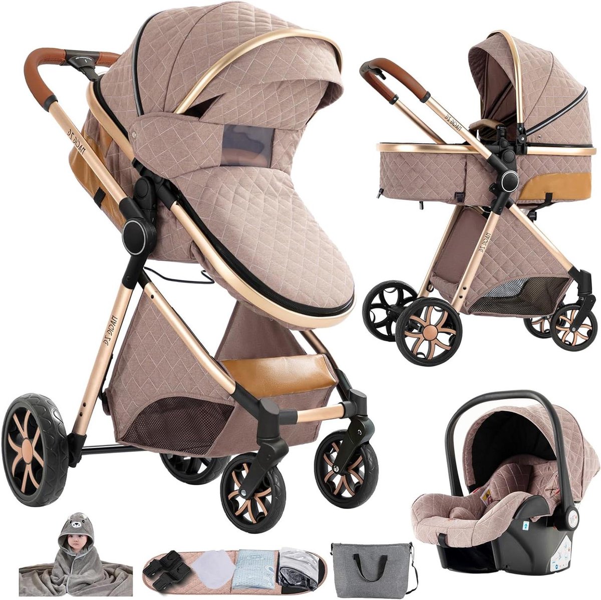 3-in-1 Kinderwagen - Reiswieg Kinderwagen - Baby Vervoeren - Aluminium Frame - 82 x 61 x 105 cm - Khaki