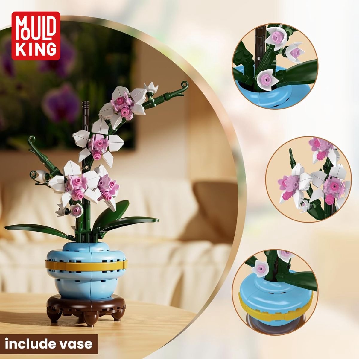 Mould King 24119 - Orchidee Bloemenboeket in Vaas - Classic Creator - STEM speelgoed - bloemen bouwpakket - Modelbouw volwassenen & kinderen - DIY Kunstbloemen geschikt voor Lego - Bouwdoos met 386 bouwstenen — afbeelding 4