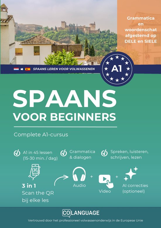 Boek met de titel "Spaans voor Beginners", een A1-cursus met focus op grammatica en woordenschat, afgestemd op DELE en SIELE.
