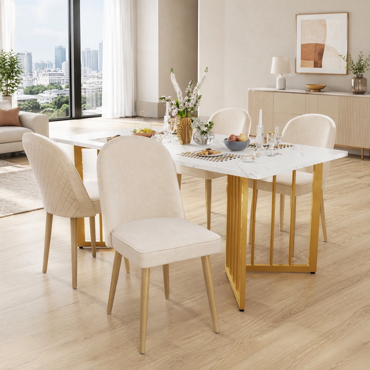 COVREO Eetkamerstoel 50x62x89 cm beige velvet, gouden metalen poten, set van 4
