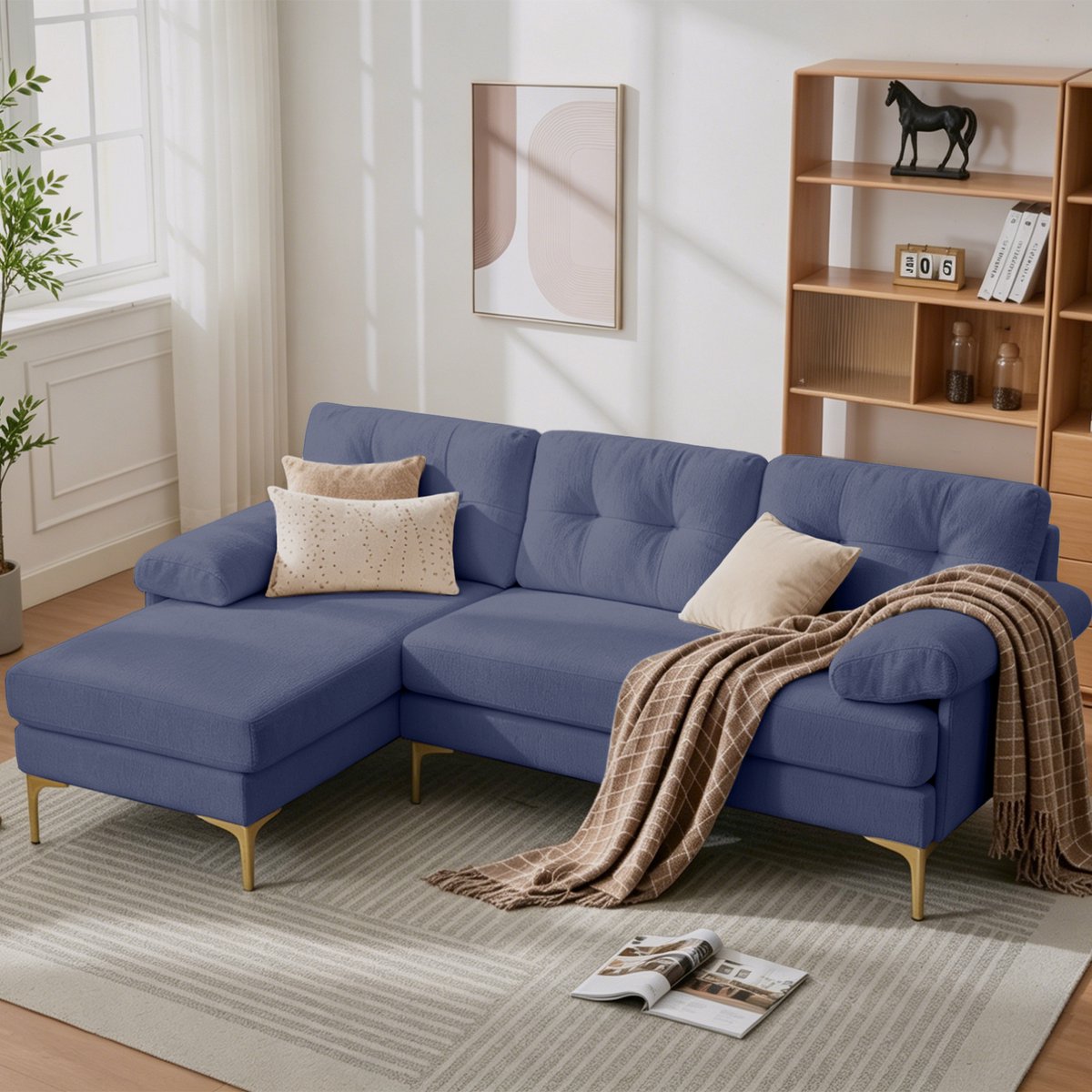 Wishdor Hoekbank - L-vormig - 3-zits - omkeerbare chaise longue - chenille stof - metalen poten - blauw - 187,5 cm - woonkamer