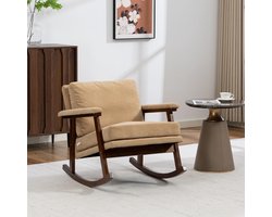 Wishdor Fauteuil schommelstoel - Mid century modern - Houten frame - Fluweel - Lichtbruin - Met armleuningen - 83 x 73 x 80 cm