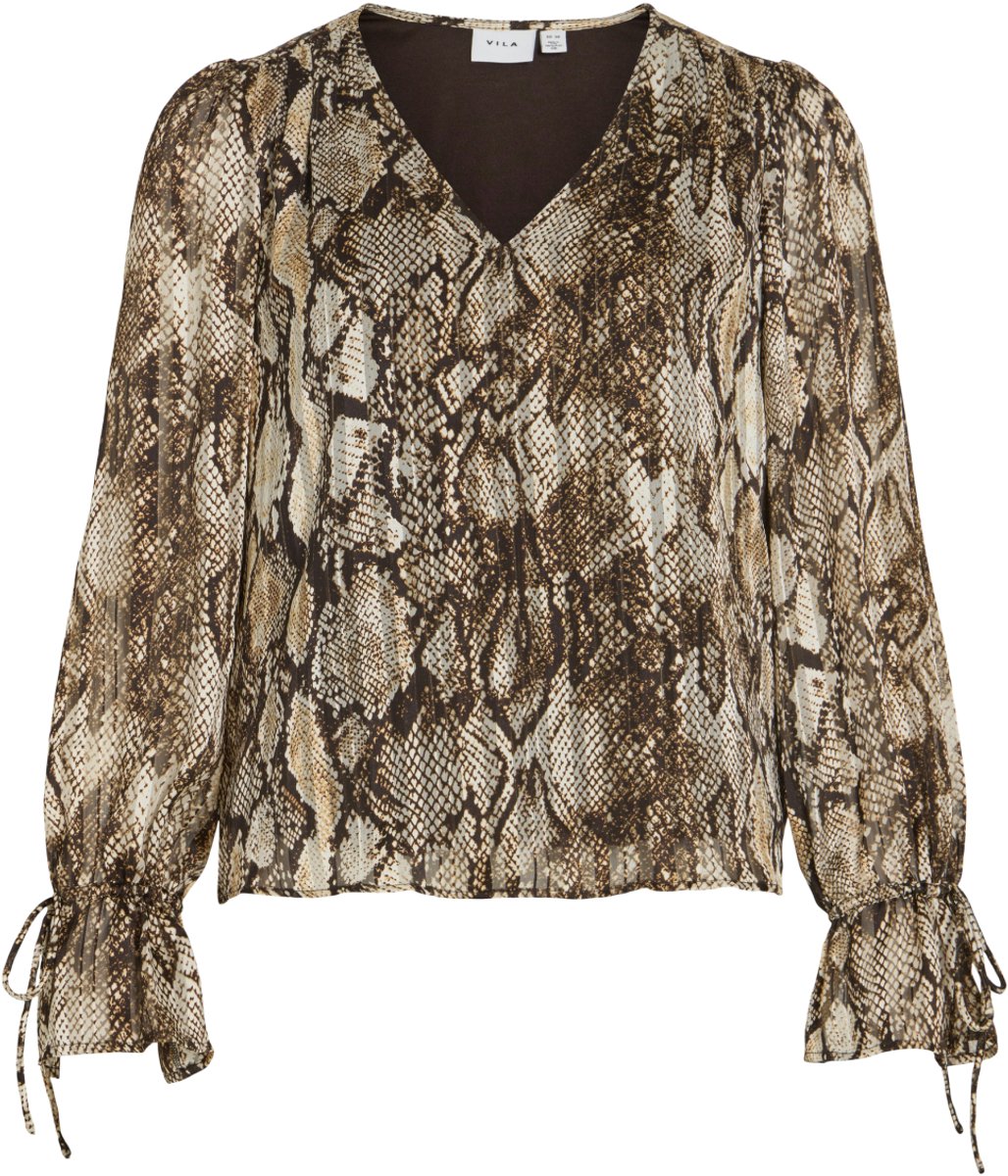 Vila Blouse Visika Pri L/s V-neck Tie Top 14117763 Coffee Bean/snake Dames Maat - W42