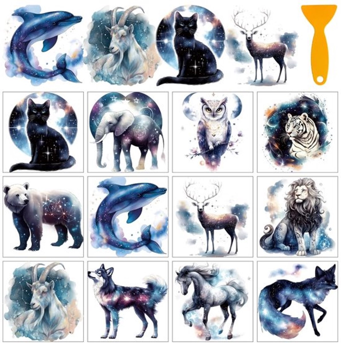 Dierenstickers 12 Vellen - Lichtgevende Kat/Uil/Olifant - Transferstickers voor Raampapier - Woondecoratie - Dierenriem Stickers - Muursticker