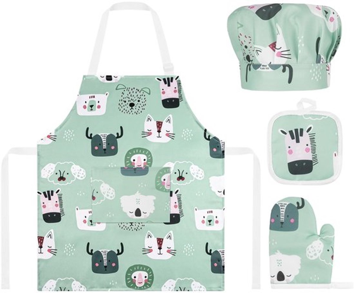 Kinderschort Verstelbaar - Keukenschort Kind 2-6 Jaar - Kokschort met Zakken - Muts voor Koken/Bakken - Antislip/Waterdicht - Koks Schort