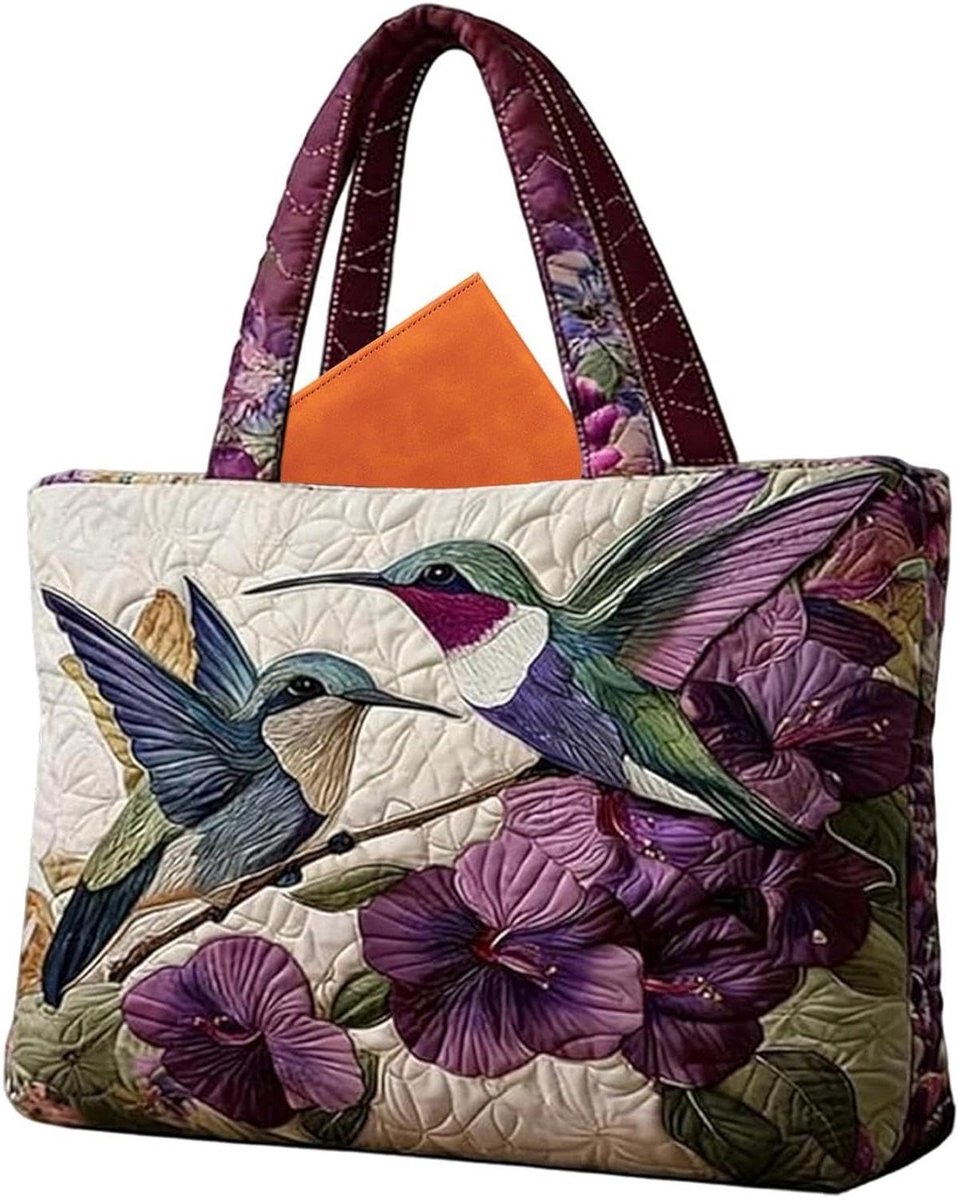 Gevulde Tote Tas - Gewatteerde Duffel - Dagelijks Gebruik - Vogel-bloemenmotief - 43x40x10 cm - Meerkleurig