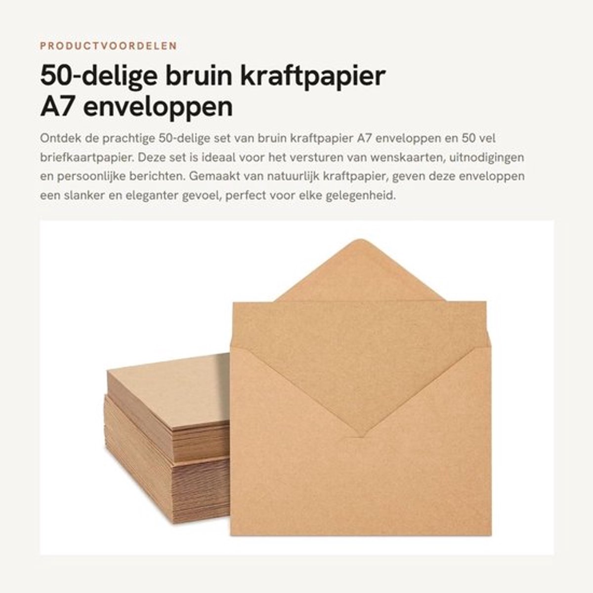 Enveloppen 50-delig Kraft A7 - Wenskaartenpapier 50 vel - 120 GSM - V-flap - Voor uitnodigingen - Natuurlijk kraftpapier - Wenskaarten