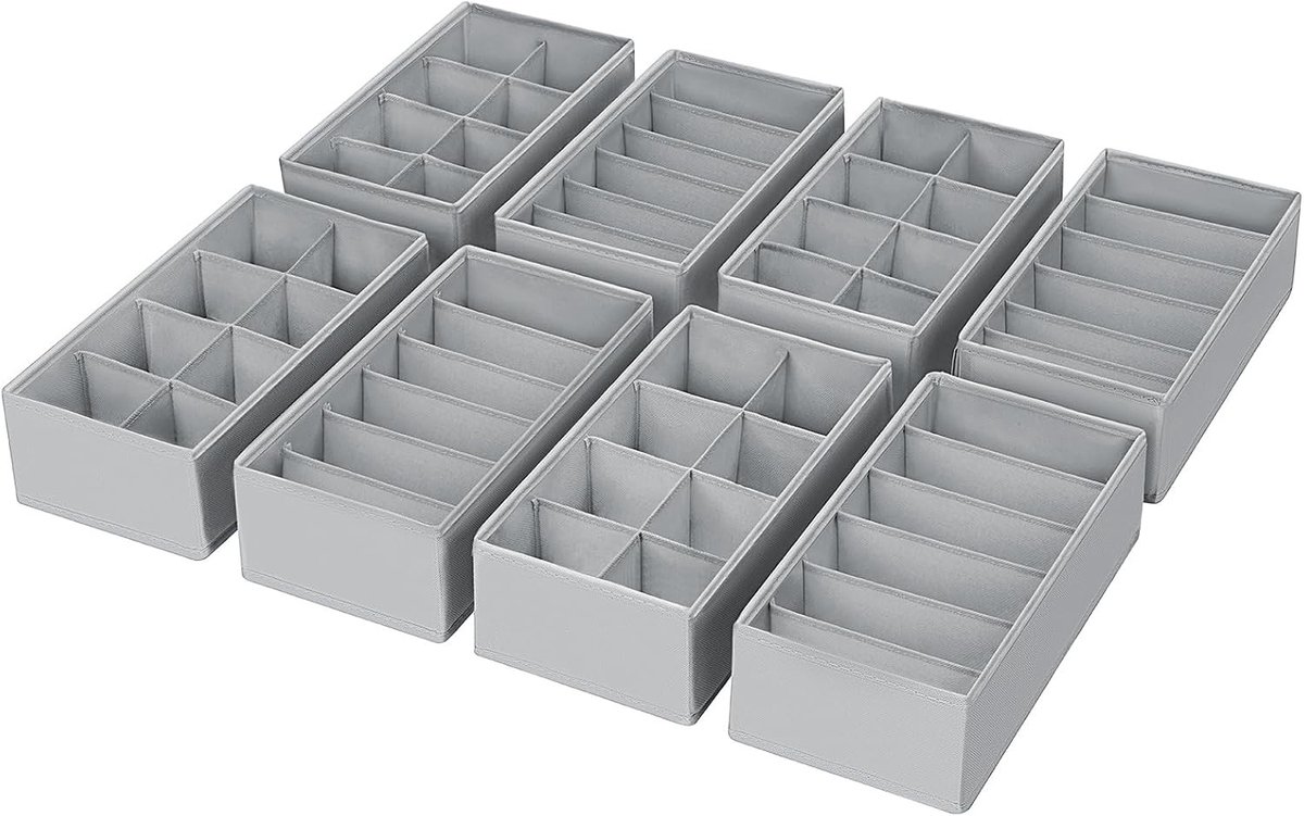 Praktische lade-organizer van ademend, opvouwbaar materiaal, 8 stuks voor sokken, ondergoed en accessoires, lichtgrijs