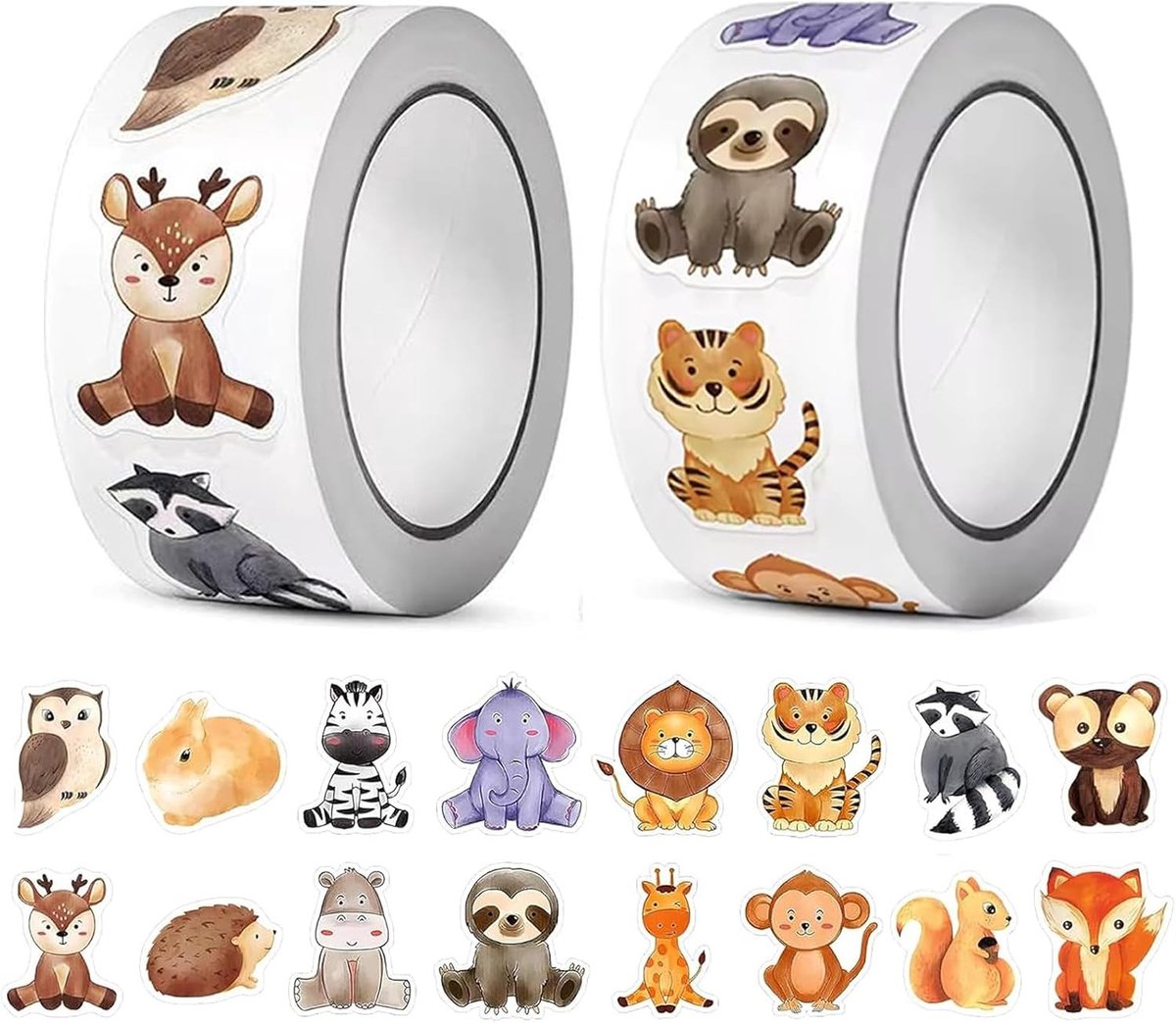 1000 kleurrijke beloningsstickers met diermotieven voor kinderen, ideaal voor knutselen, decoratie en geschenken, 2 rollen ronde stickers