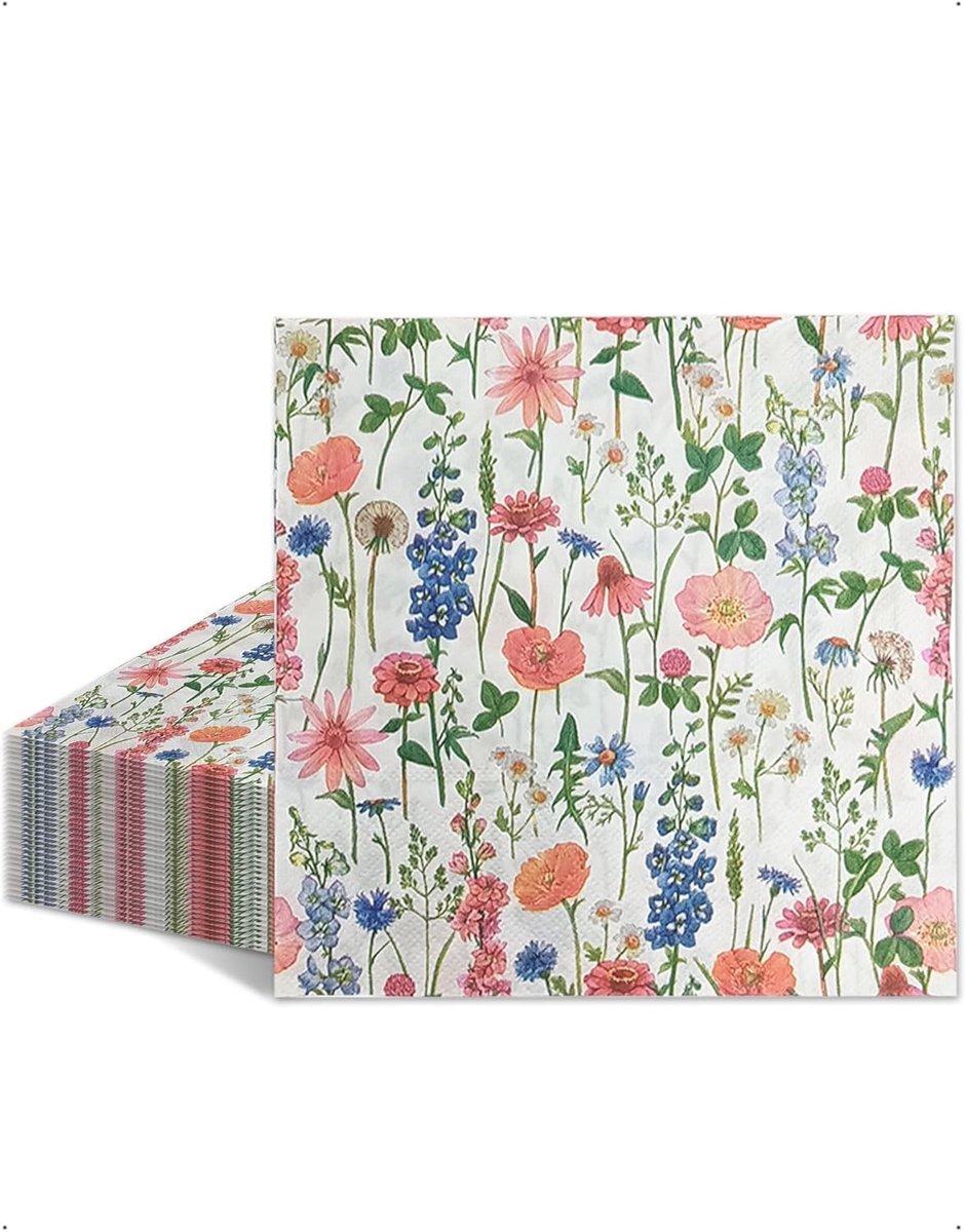 40 Stuks Papieren Servetten met Wildbloemen Motief, 33x33cm, Ideaal voor Tafeldecoratie, Bruiloft, Verjaardag en Feestdagen