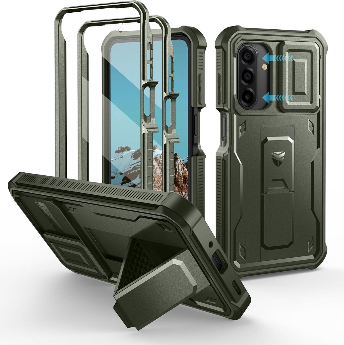 Robuuste Shockproof Hoes voor Samsung Galaxy A17 met Verbeterde Camera Cover, Schermbeschermer en Stand - Army Green
