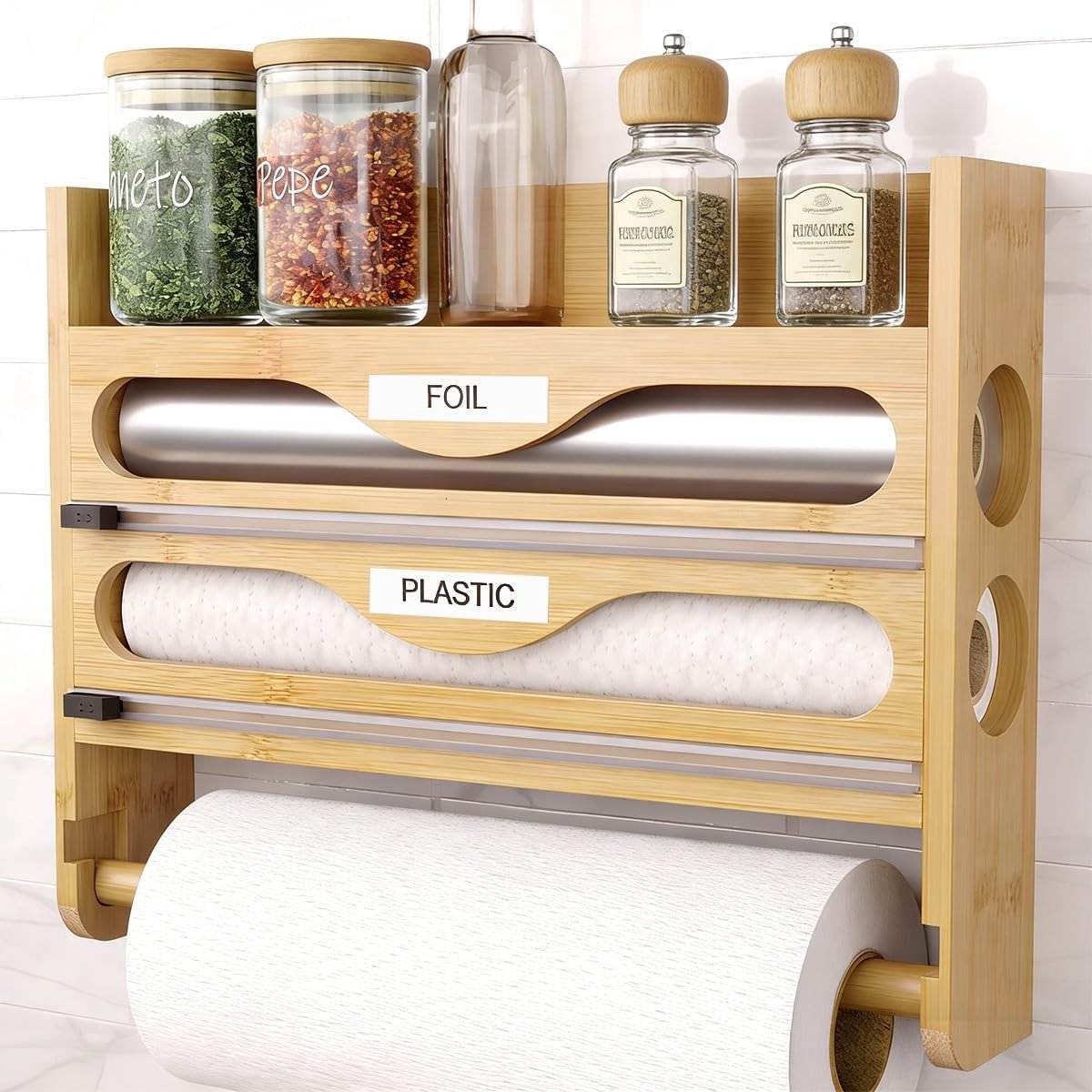 Voedselfoliedispenser - Geel - 35,3 x 27 x 7,1 cm - Houten Wanddispenser met Schuifsnijder en Kruidenrek - Voor de Keuken