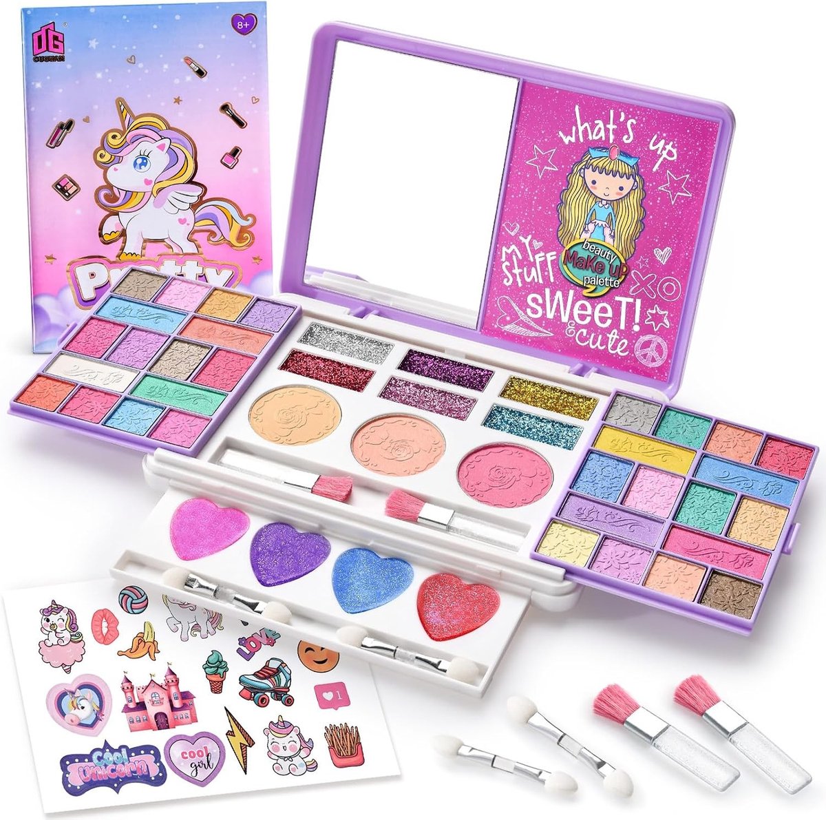 Make-upkoffer voor meisjes - Roze - Compacte kinder make-upset met spiegel en kwasten - Veilig en wasbaar speelgoed
