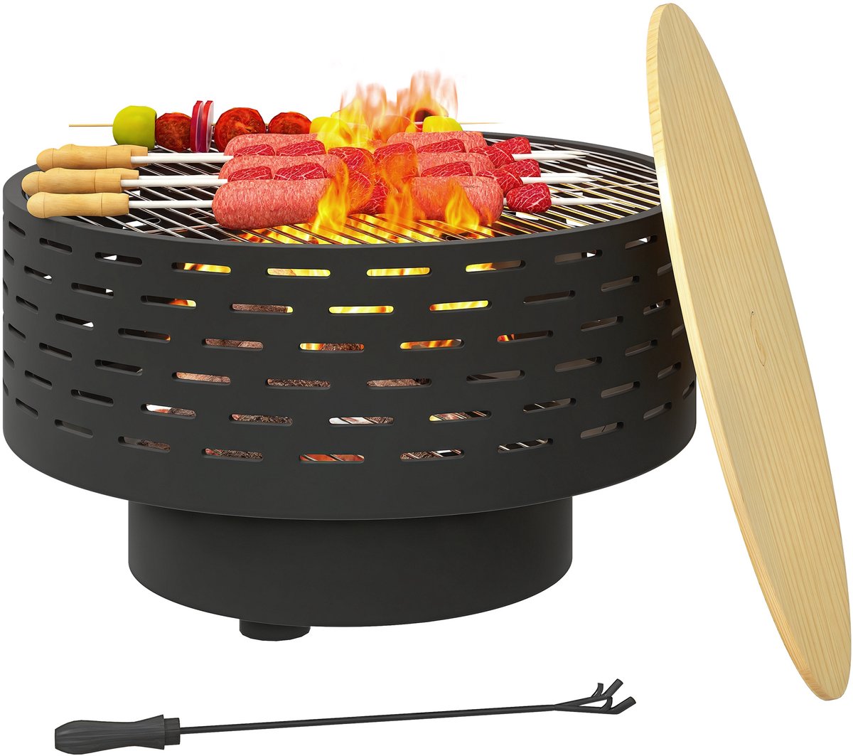 3 - in - 1 vuurschaal Ø60 x 39 cm met roestvrijstalen grillrooster - pook en vonkenvanger in houtlook - antracietgrijs