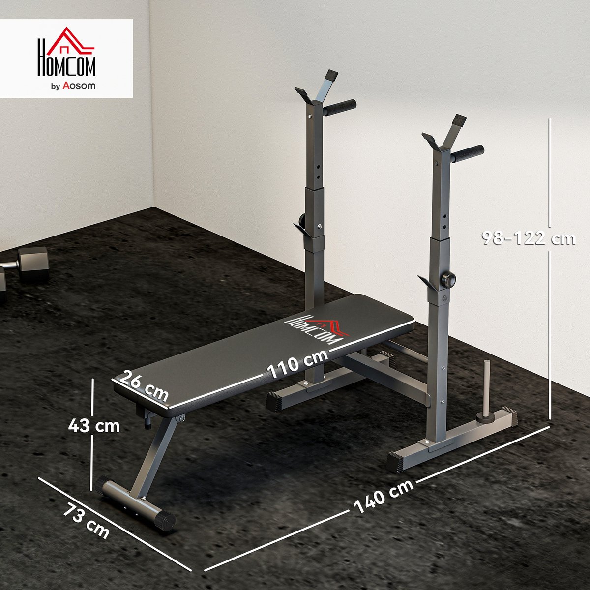 Gewichtbank - 8 posities - opklapbaar - stalen onderstel - gewatteerd - synthetisch leer - 98 - 122H x 140L x 73W cm - zwart/grijs