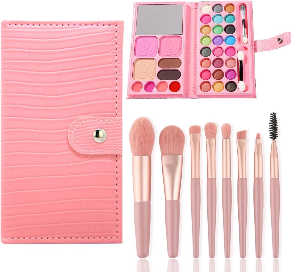 Make-upkoffer voor meisjes - Roze - 33 Kleuren - Wasbare Kindercosmetica met 8 Kwasten - Speelgoed voor Feest en Podium