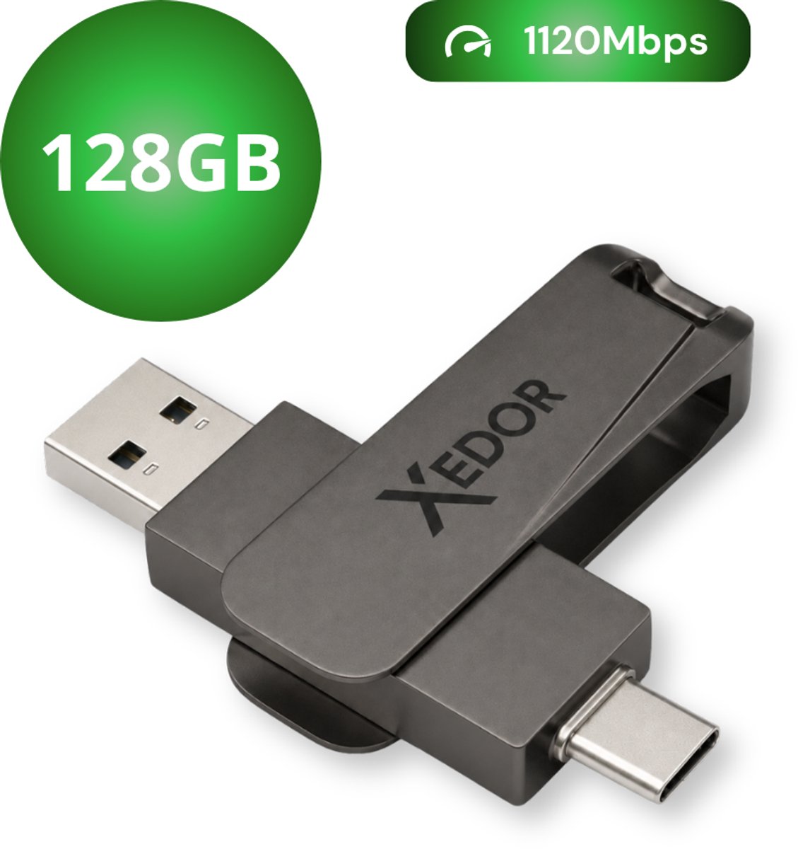 Xedor® Base - USB Stick - 128 GB - 1120Mbps - USB C en A - iPhone en Android - Donkergrijs