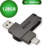 Donkergrijze Xedor USB-stick met USB-C en USB-A aansluitingen. 128GB. Snelheid 1120Mbps.