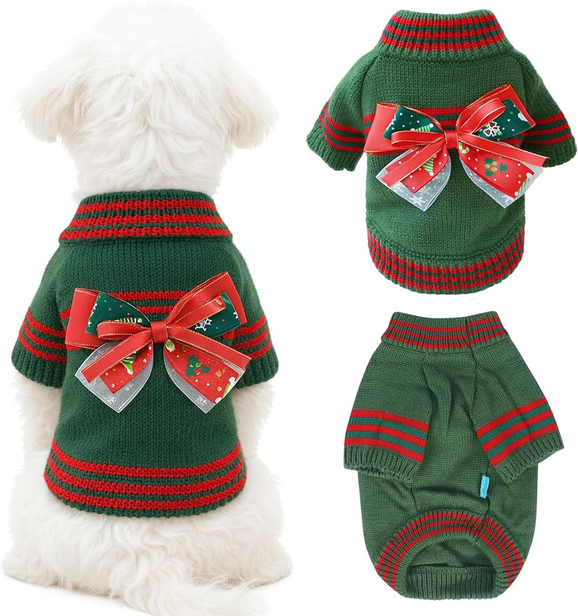 Winterse Hondentrui met Strik - Warme Gebreide Outfit voor Katten en Honden, Perfect voor Koude Weer en Kerstfeest, Geschikt voor Chihuahua en Yorkie (Groen, M)