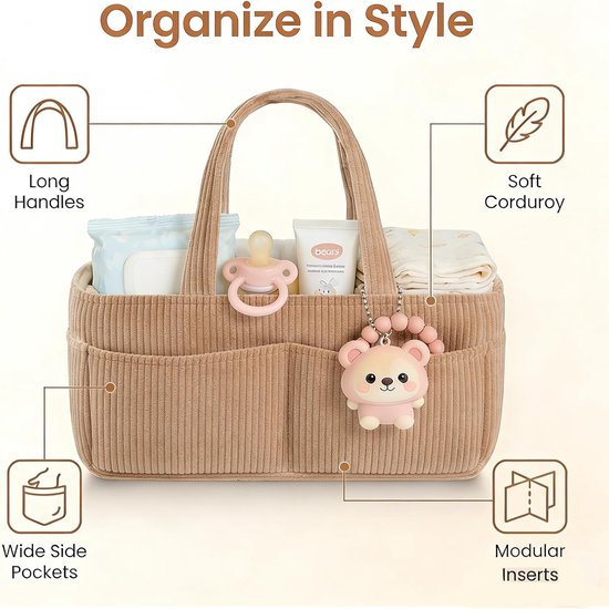 Luiertas - Luiermand - Baby opbergzak - Verzorgingsmand - Reisbaby tas - Meerdere opbergvakken voor overzichtelijke indeling - Corduroy stof - 38×23.5×18 Cm - Geschikt voor babyverzorging, luiers opbergen, babyaccessoires, thuis en onderweg - Groen — afbeelding 5