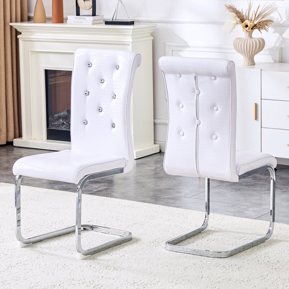 MIVRAY Eetkamerstoel Set van 2 Wit - Kroko Structuur Met Kristalknopen En Hoge Rugleuning - Retro Voor Eetkamer - Kunstleer Metaal
