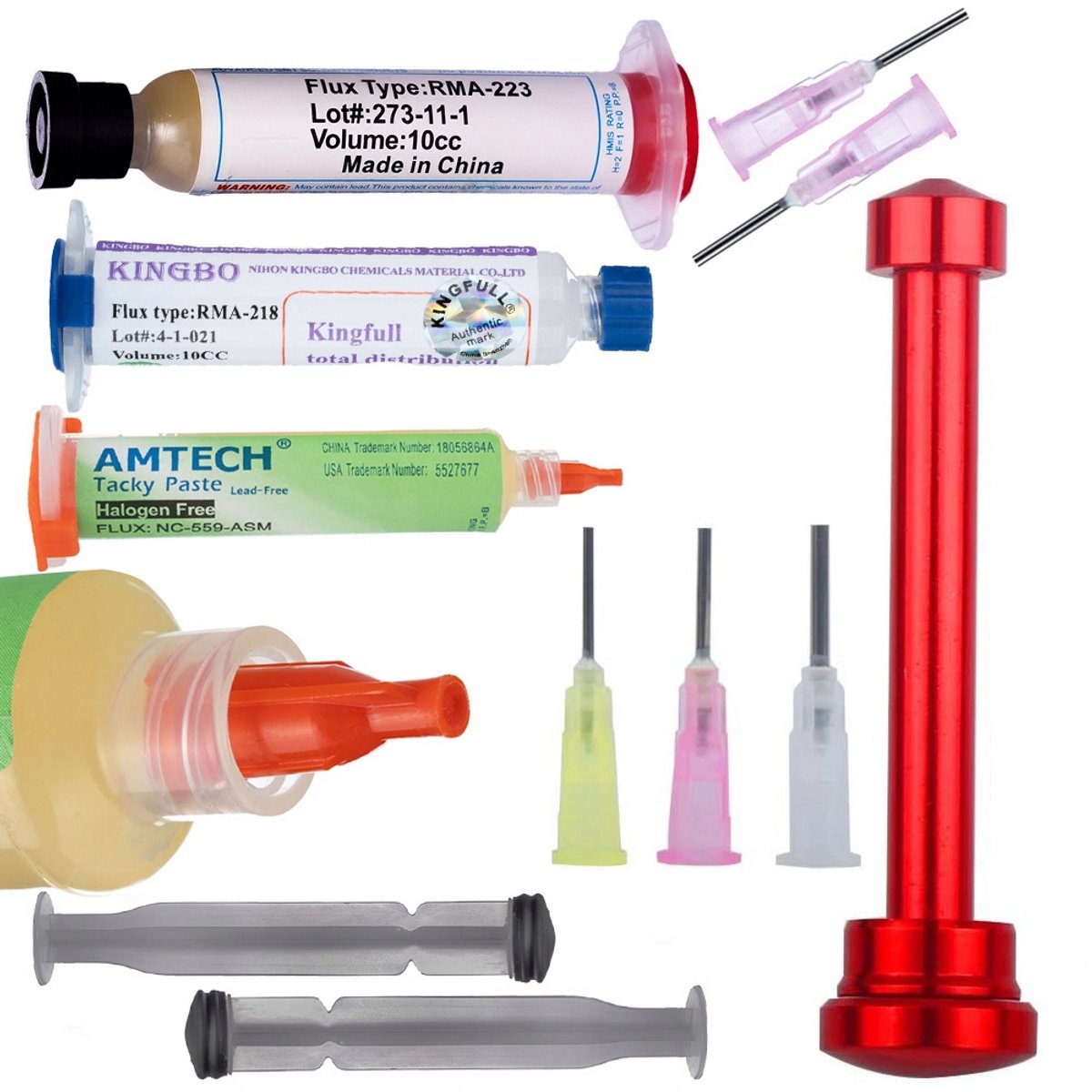 Rosfix Soldeerflux Set Spuitpomp - Metalen Dispenser met 3 Naalden - 10cc RMA-223 NC-559-ASM Kingbo