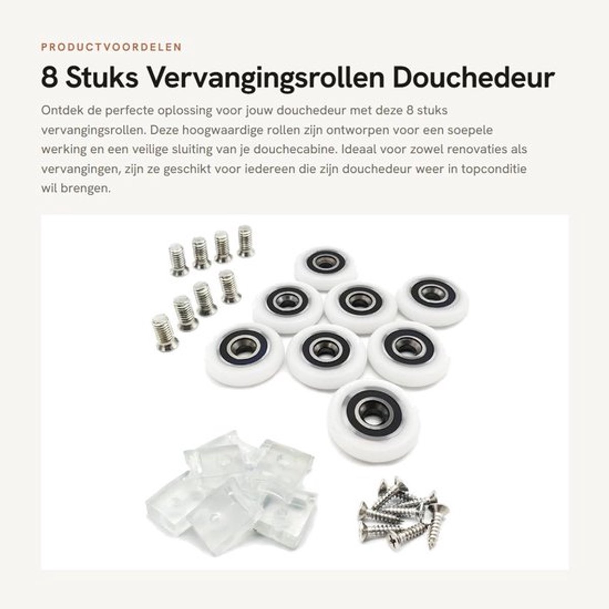 Vervangingsrollen 8 stuks - Douchedeur Wielen - Antibotsing Blokken - POM-Kunststof - Roestvrij Staal - Diameter 25 mm - Douchedeurwielen