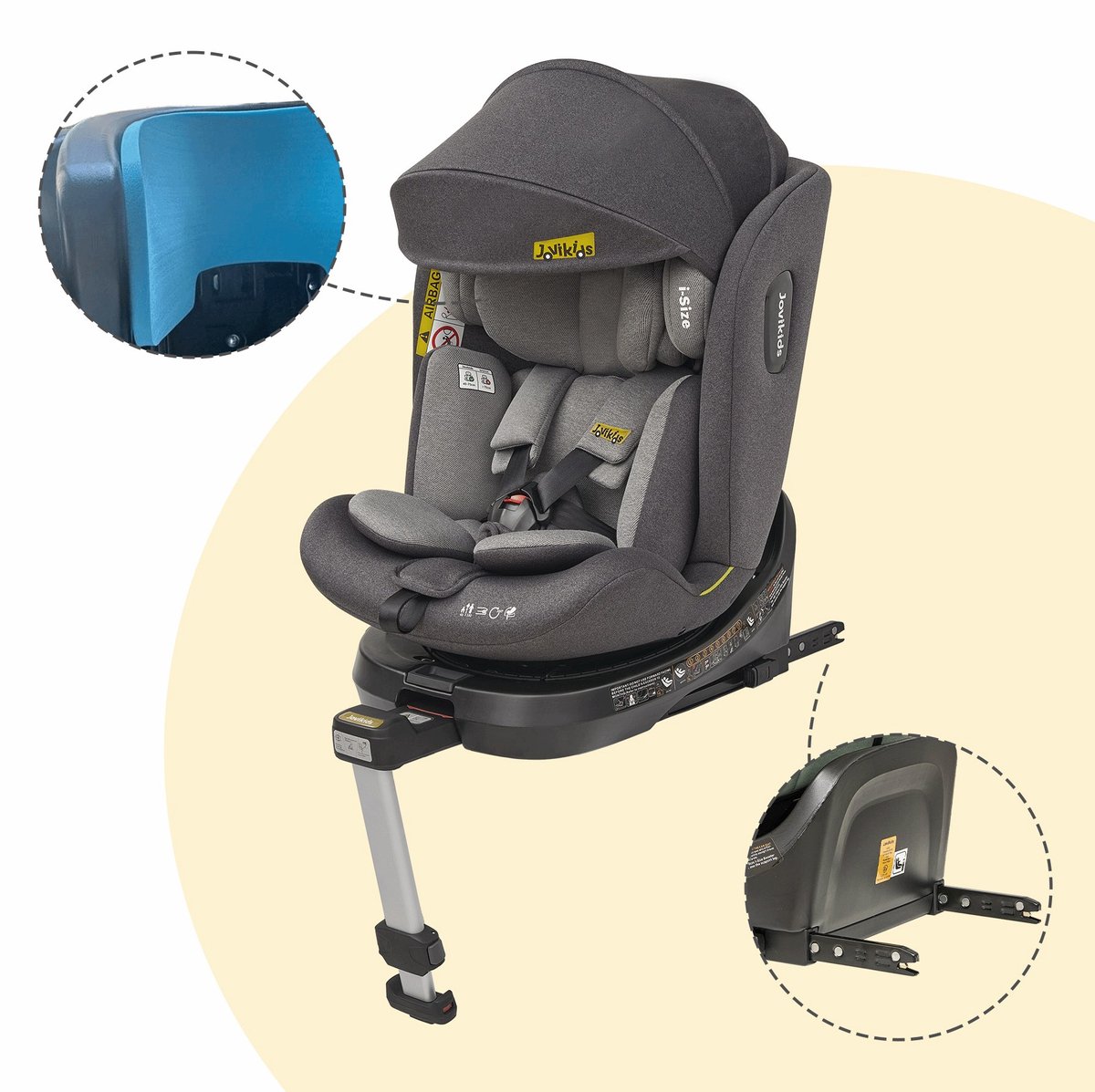 Wishdor Kindersitz 360° draaibaar - Isofix - i-size ece r129 - reboarder met ligfunctie - afneembaar zonnescherm - grijs - 40-150 cm