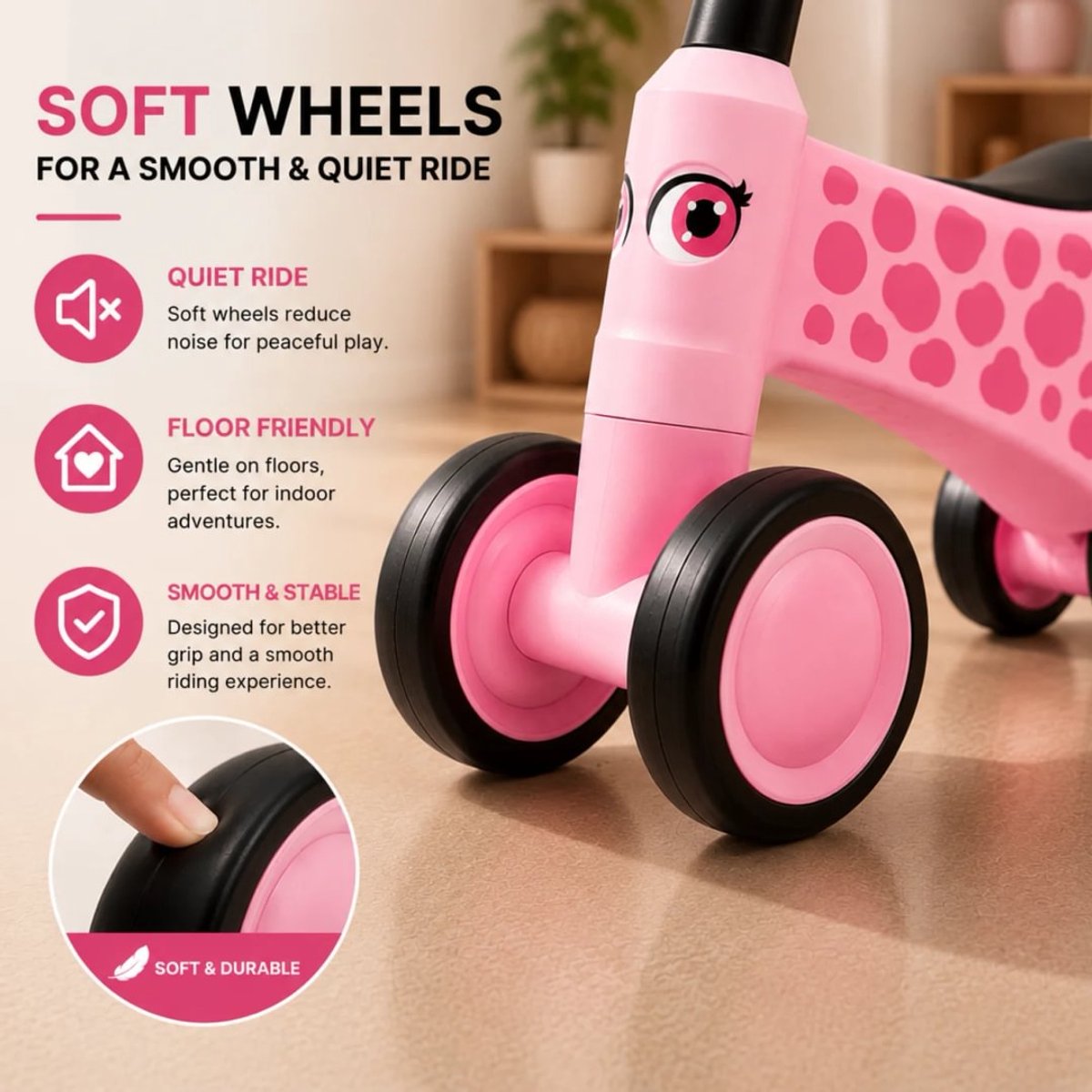VROOOMY Baby Loopfiets 1 tot 3 jaar – Stabiele Loopwagen met LED-verlichting in het Stuur – Kinderfiets met 4 EVA-Wielen & Ergonomisch Design – Roze thumbnail 2