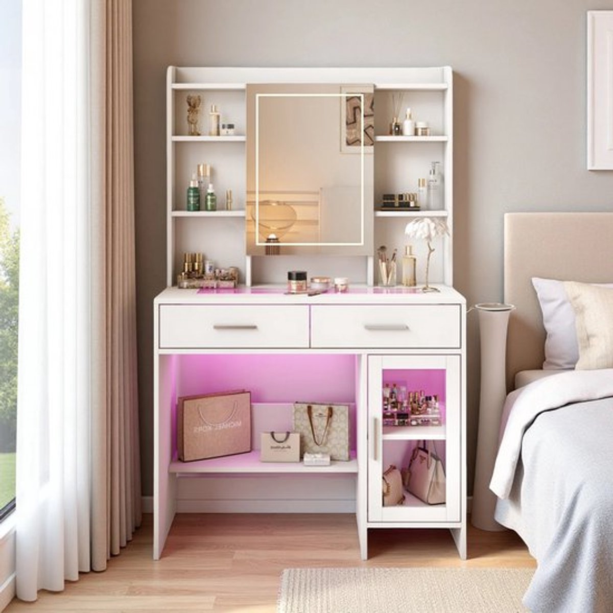 Kaptafel met verstelbare LED-verlichting, slaapkamerkaptafelset met spiegel en kruk, moderne cosmetische tafe