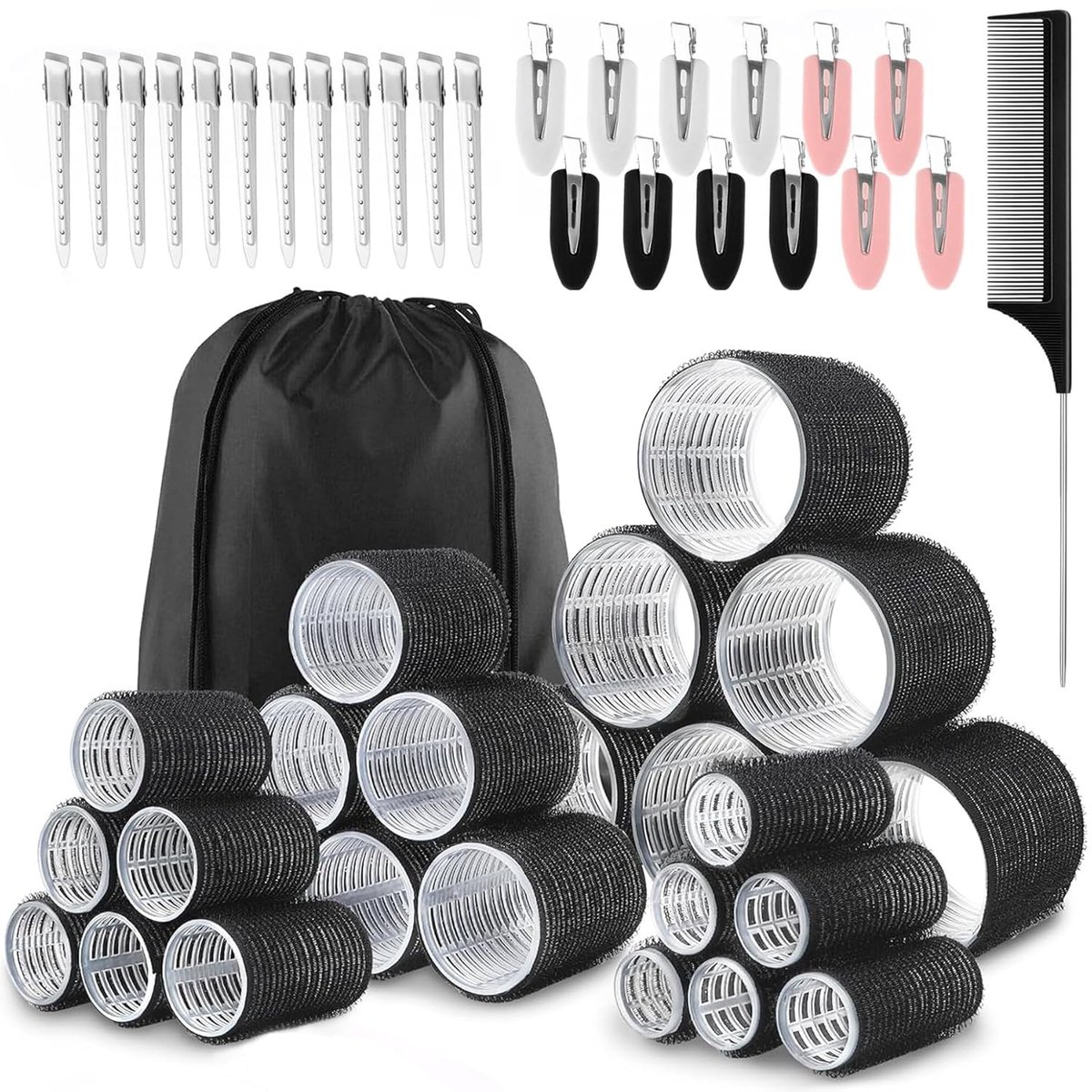 LISM-Deze 50-delige krultangenset is verkrijgbaar in vier maten om diverse krullen en volumineuze effecten te creëren. De maten zijn 60 mm, 45 mm, 36 mm en 25 mm, en de set bevat 24 krultangen en 24 stijltangen.