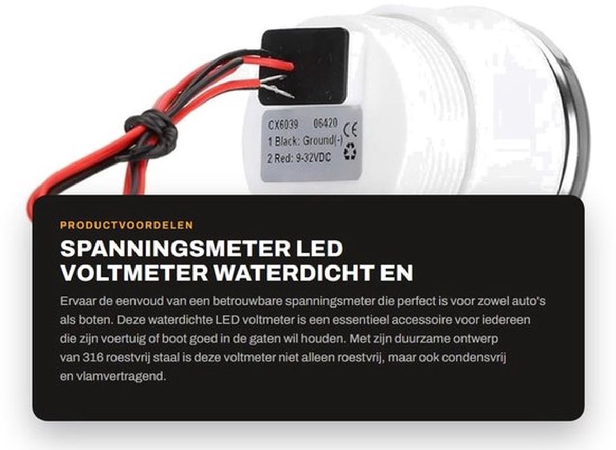 Spanningsmeter Waterdicht - LED Voltmeter - Geschikt voor Auto/Boten - Eenvoudige Installatie - Roestvrij Staal - Praktisch Accessoire - Voltmetermeter
