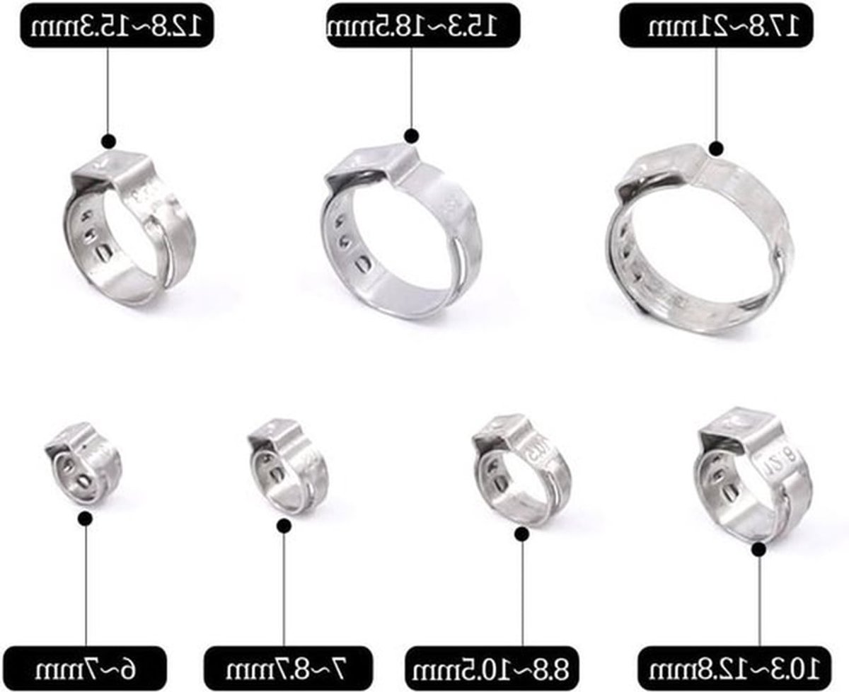 80-delige set roestvrijstalen slangklemmen van 7-21mm met tang voor stevige bevestiging en montage