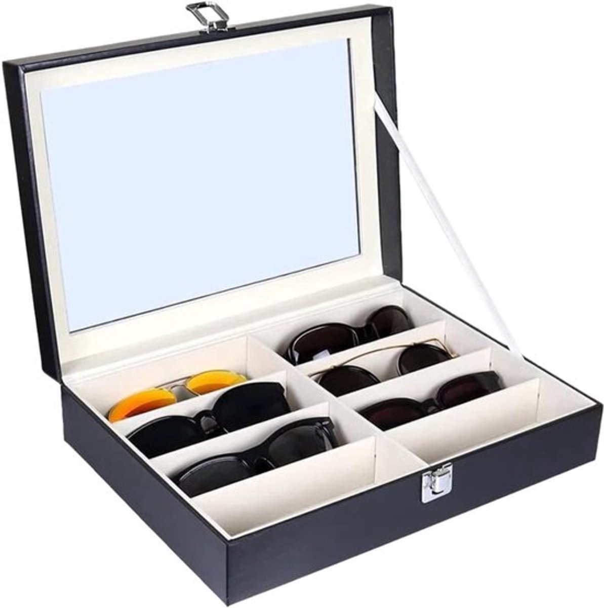 8-vaks brillenopslagtas voor meerdere zonnebrillen en brillen, lederen brillenhouder met 8 compartimenten voor dames en heren, ideaal voor sieraden en brillenverzameling