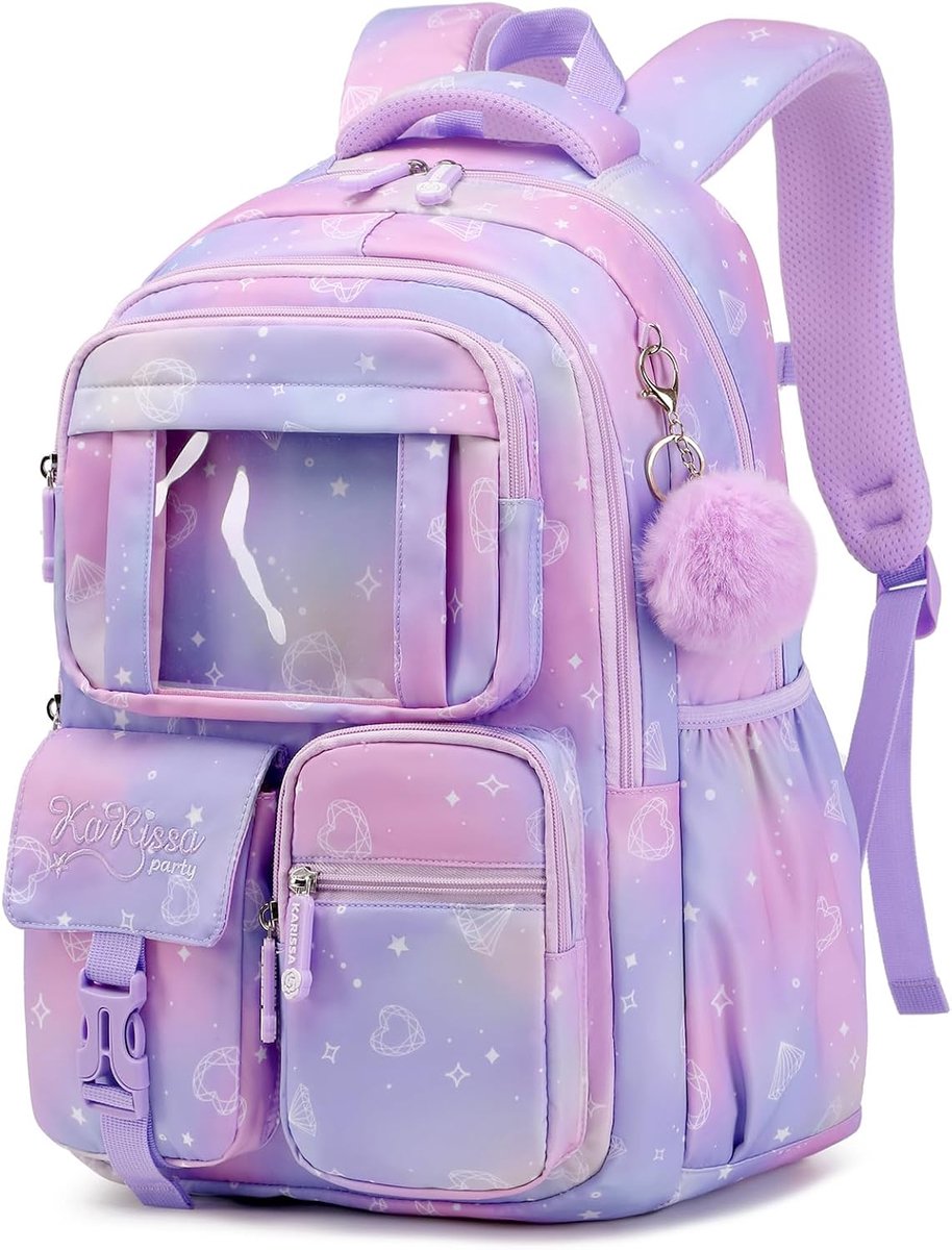 Kinderrugzak - lichtgewicht en stevig - voor boeken en schoolspullen - voor basis- en middelbare school - kawaii schooltas - voor meisjes - paars - one size - 1 stuk