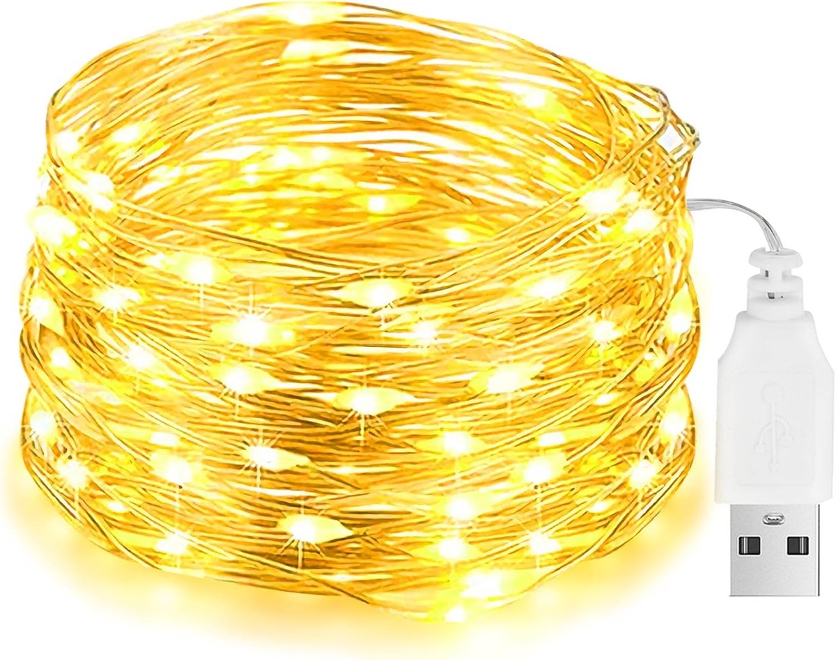 Lichtsnoer met USB - Warmwit - 10 m - Waterdicht Koperdraad met 100 LEDs - Voor Kerstmis en Feestdecoratie