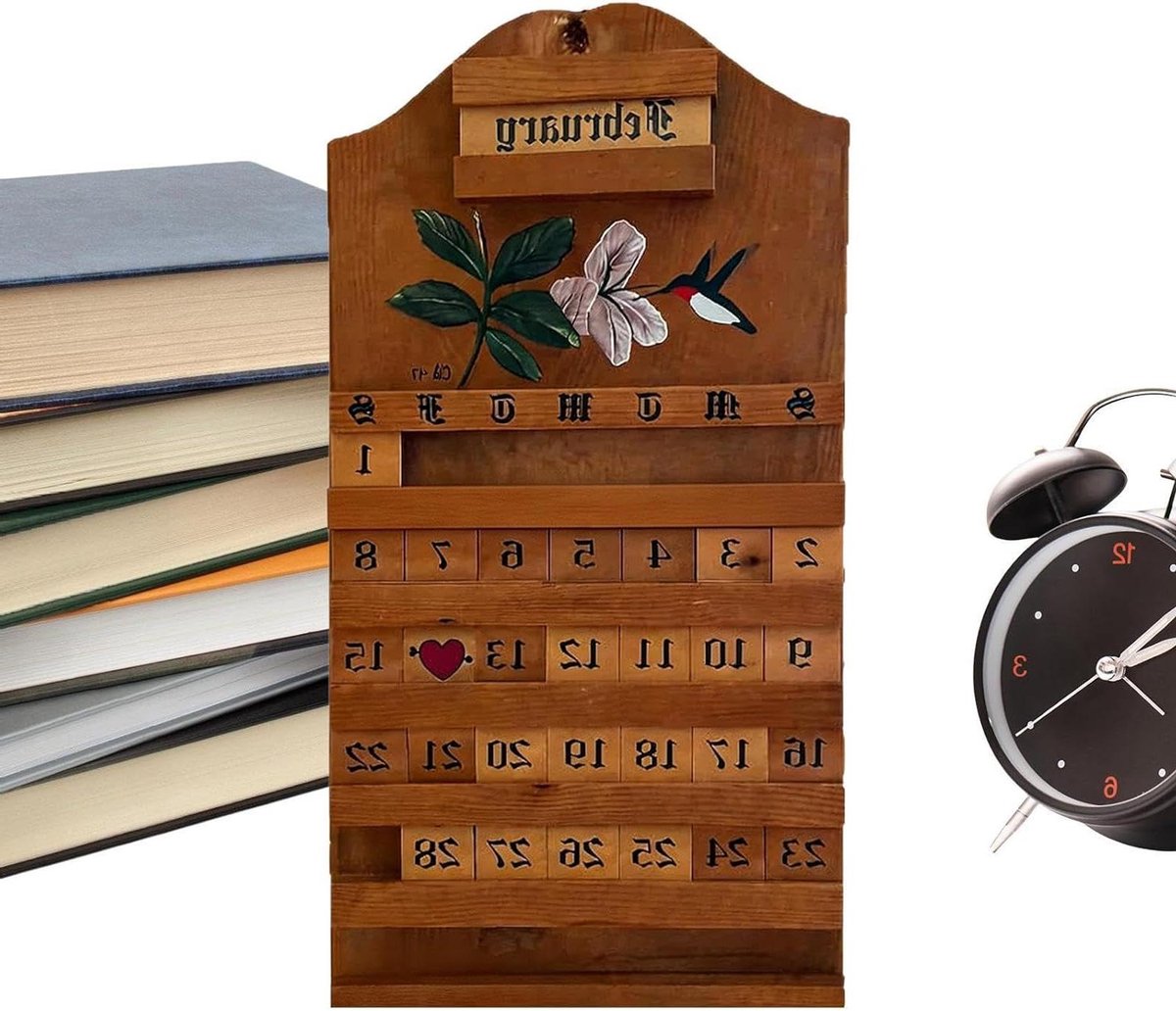 Houten Kalender - Eeuwigdurende Kalender - Dagelijkse Organisatie - Kolibrie Carving - 20 cm - Houtkleur