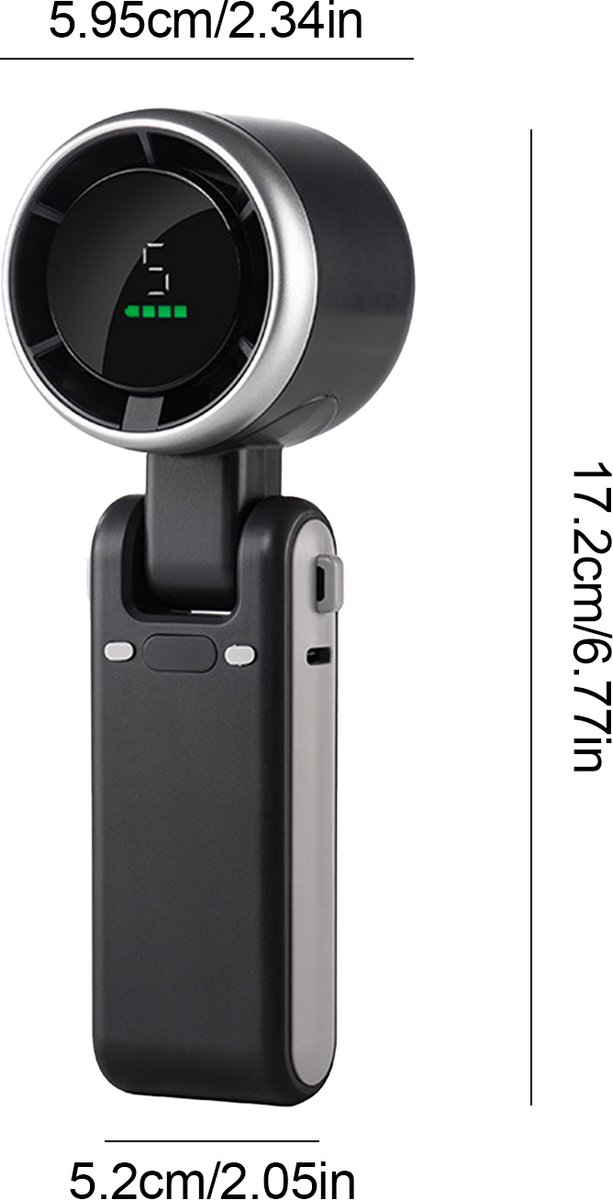 Wishdor Draagbare Handventilator Opvouwbaar - Mini Turbo Ventilator - Met Digitaal Display - 5 Snelheden - USB-C - Zwart