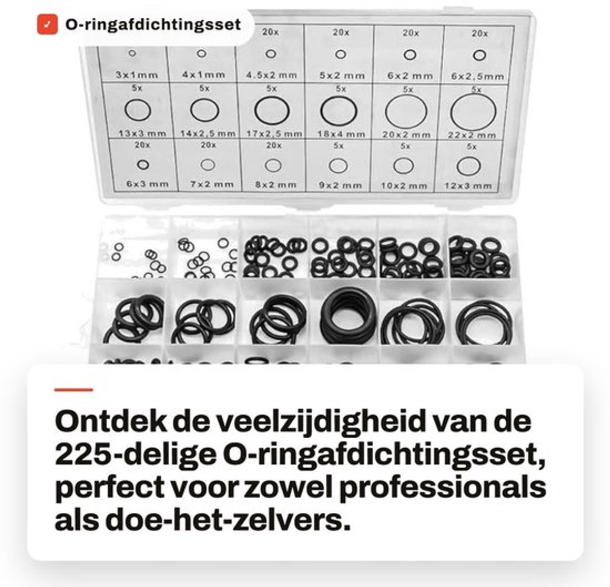 O-ringafdichtingsset - 225-delige set - rubberen afdichtingen - veelzijdig gebruik - hittebestendig en UV-bestendig - ideaal voor loodgie...