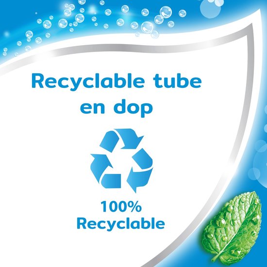 Recycle-logo met de tekst "Recyclable tube en dop 100% Recyclable".