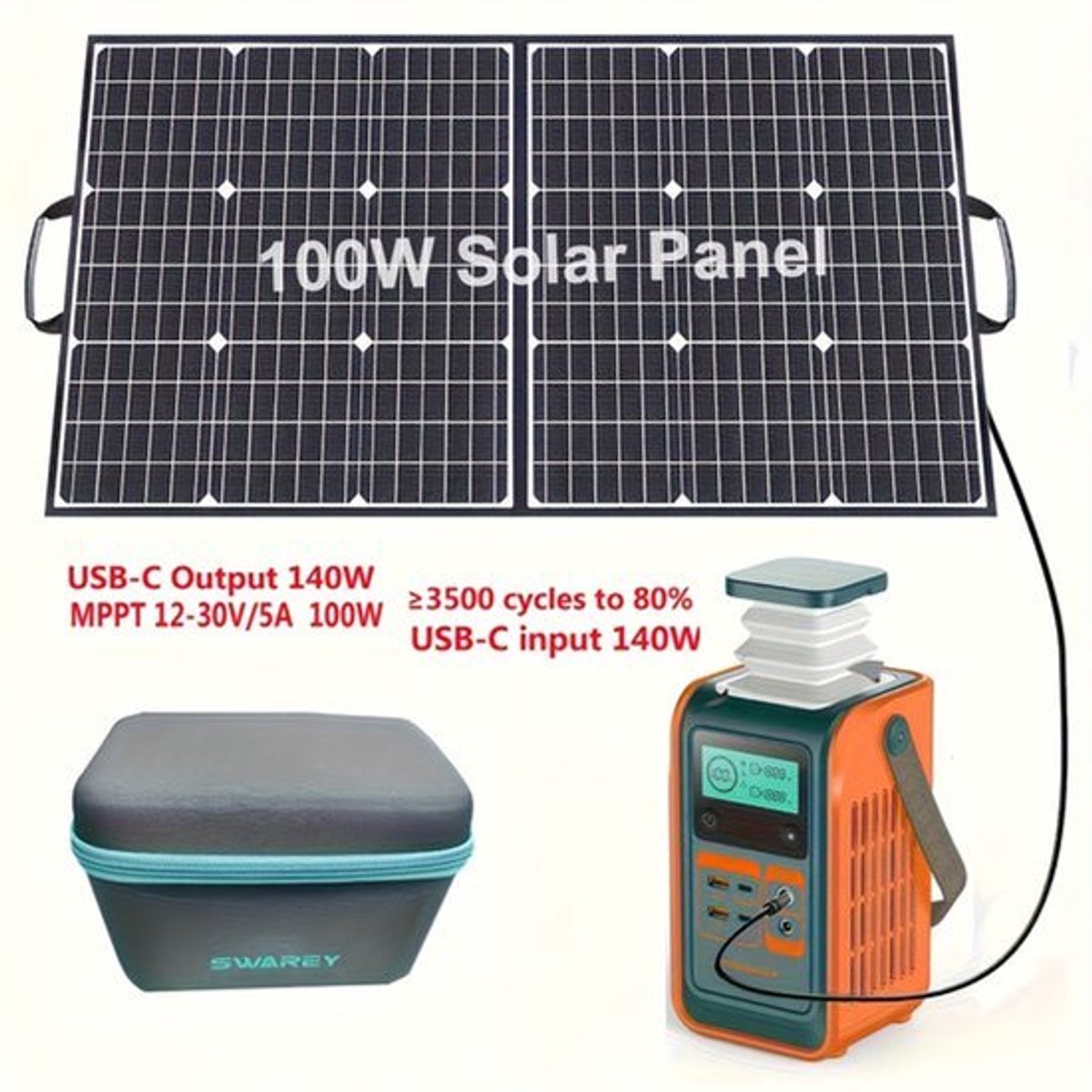 Zonnegenerator – Draagbaar Powerstation – Noodstroomvoorziening – Camping Accu – Mobiele Stroomvoorziening – 192Wh LiFePO4 Batterij – 140W Snelladen Met 100W Zonnepaneel
